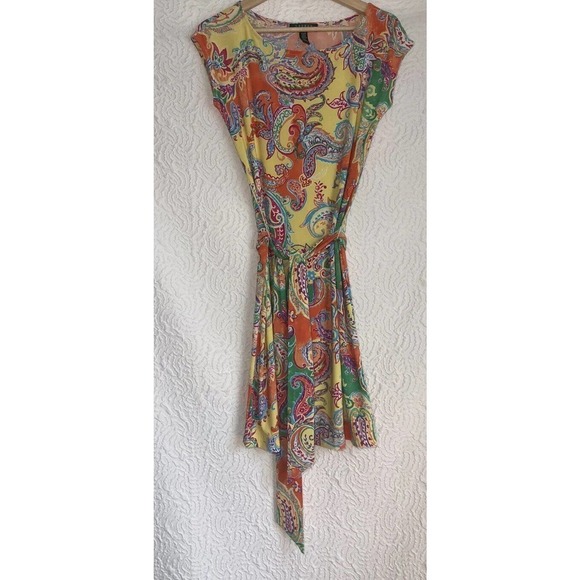 RALPH LAUREN Stretch Paisley Midi Short Sleeve Colorful Dress Size Petite Small - Picture 8 of 9